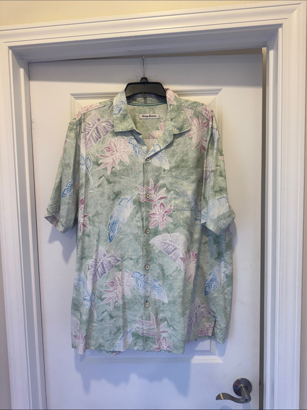 Tommy Bahama Light Green Floral Camp Shirt with Pink & Blue Accents